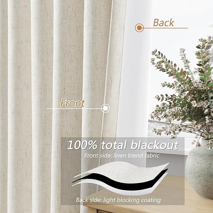 Guken Cream 100% Blackout Linen Curtains 72 Inch Length 2 Panels Set for Living Room Bedroom Back Tab Thermal Insulated Black Out Drapes Room Darkening Farmhosue Window Curtains,52x72