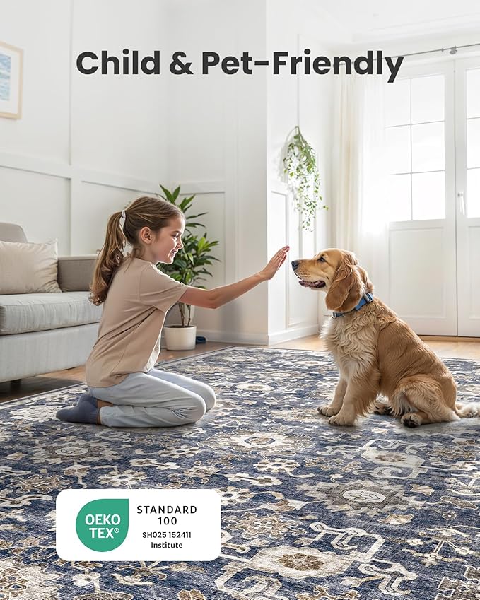 AMADA HOMEFURNISHING 5x7 Area Rugs, Washable Living Room Rug Low-Profile with Non-Slip Backing & Durable Edge Binding, Vintage 5x7 Rugs for Living Room, Bedroom, Dining Room