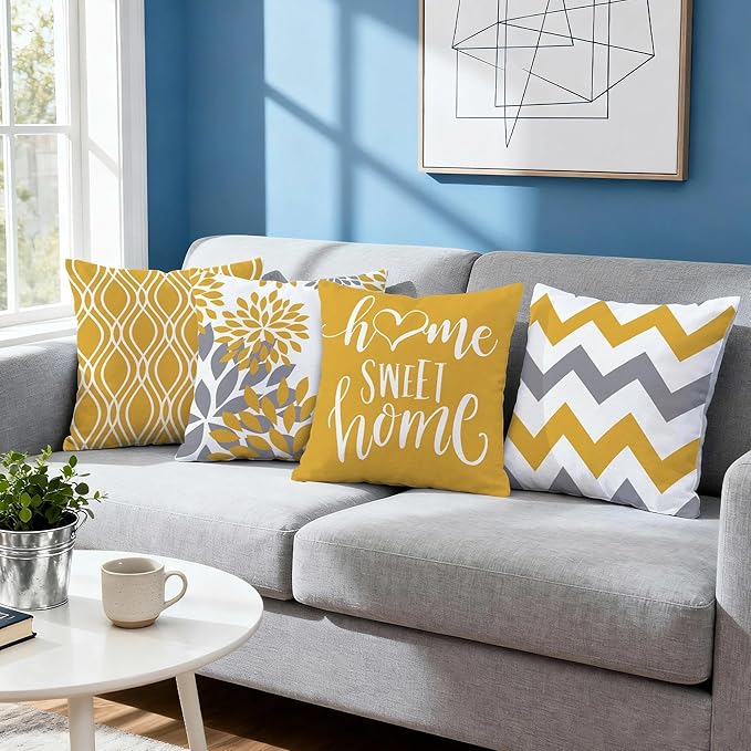 Hexagram Geometric Yellow Pillow Covers 16x16 Set of 4, Decorative Outdoor Boho Modern Throw Pillow Covers, Home Sweet Home Farmhouse Cushion Case for Couch Sofa Bedroom Indoor Decor(No Insert)