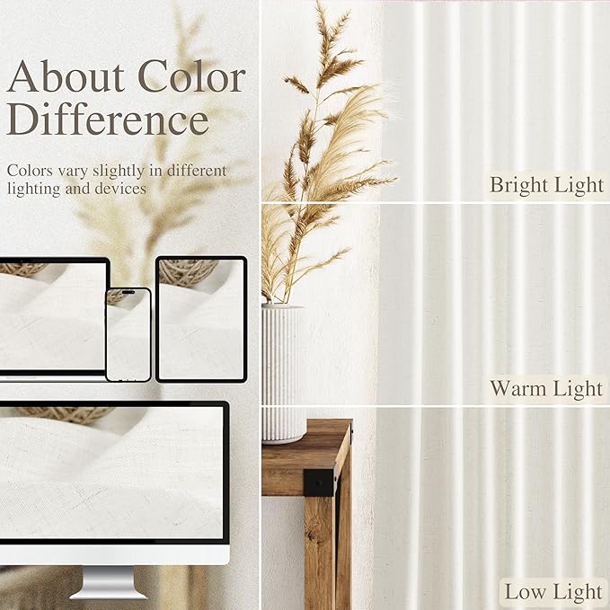 Nanspring Neutral Linen Curtains 63 Inch Length for Living Room Light Filtering Semi Sheer Curtain Coastal Modern Farmhouse Decor Drapes for Bedroom Back Tab and Rod Pocket 52x63, 2 Panels
