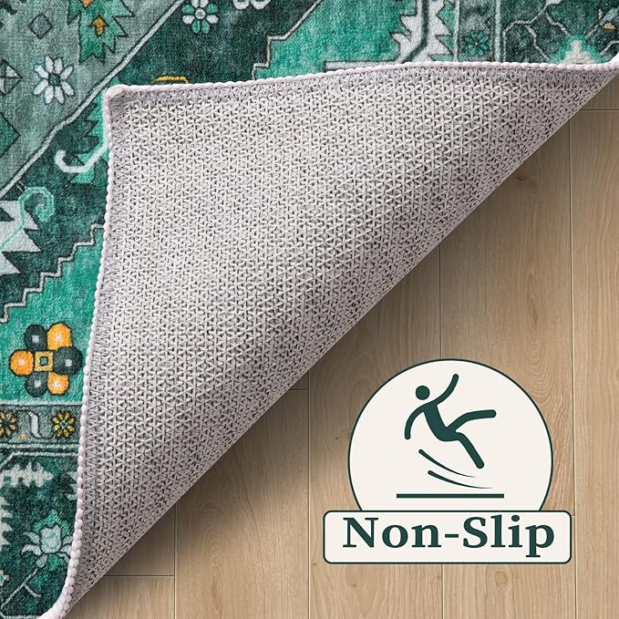 SERISSA Washable 8x10 Area Rugs Teal, Large Non-Slip Boho Living Room Rug, Ultra Soft Print Distressed Vintage Oriental Tribal Farmhouse Carpet for Dining Room Bedroom Dorm Office Home Decor