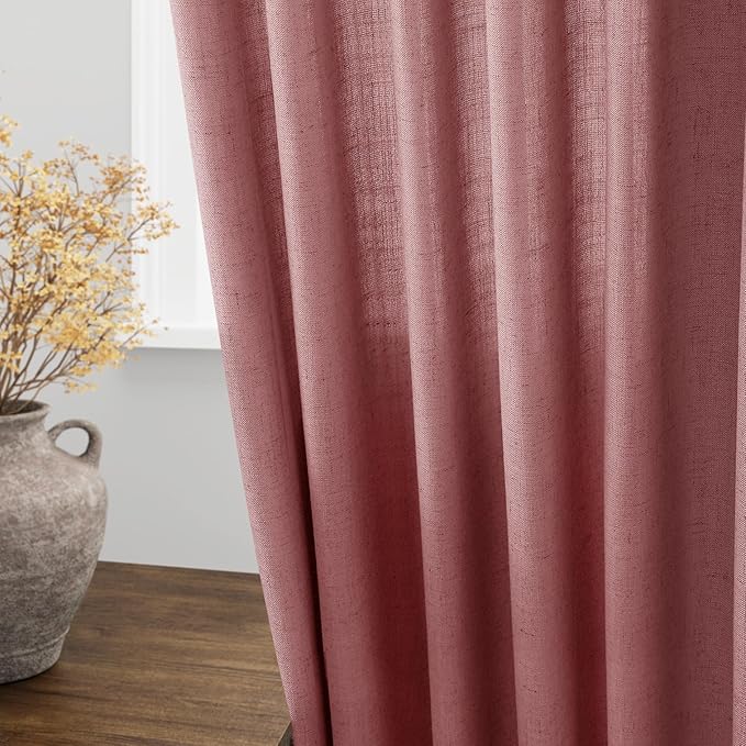 Nanspring Canyon Rose Linen Curtains 90 Inch Long 2 Panels Set for Bedroom Living Room Dusty Rose Linen Textured Window Drapes Semi Sheer Light Filtering Rod Pocket Back Tab Farmhouse Curtain 52x90