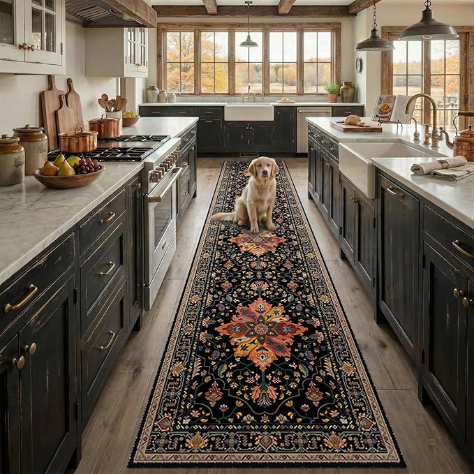 Area Rugs 2'x9' Runner Rug Non Slip Washable for Kitchen Hallway Bedroom Beside Laundry Room Bathroom Rug, Floor Carpet, Black Colorful Floral Dark Tan