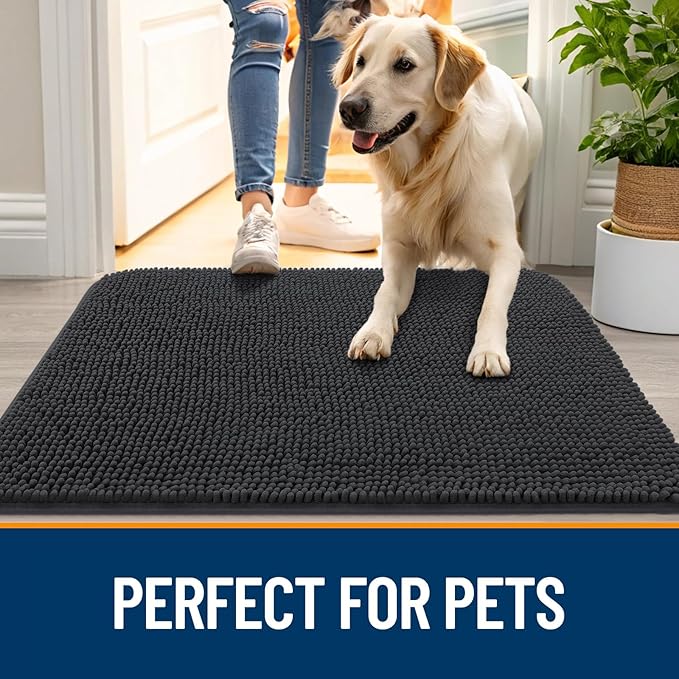 OLANLY Dog Door Mat for Muddy Paws 70x32, Absorbs Moisture and Dirt, Absorbent Non-Slip Washable Doormat, Quick Dry Chenille Mud Mat for Dogs, Entry Indoor Entryway Carpet for Inside Floor, Dark Grey