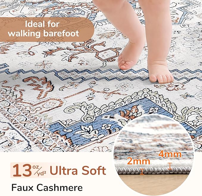 OPPODREAM Soft Entryway Rug 2x10, 2x10 Rug Runner, Neutral Washable Hallways Carpet 2 x 10 with Non Slip Backing, Low-Pile Bedside Carpet 2 x 10, Long, Faux Cashmere, Cream White & Blue & Light Brown