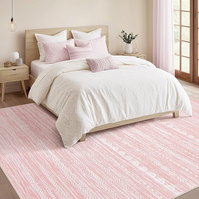 Nakagishi Pink Rugs for Bedroom Girls: 7x10 Washable Boho Large Neutral Cute Soft Area Rug Modern Indoor Floor Non Slip Accent Carpet for Living Room Nursery Kids Playroom Preppy Room Dorm Baby Room