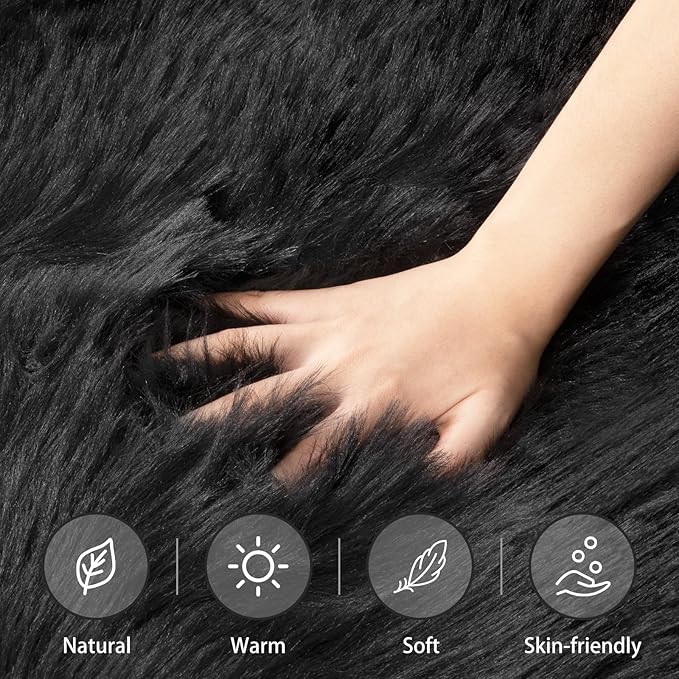Ciicool Faux Sheepskin Rugs Soft Faux Fur Rugs Black Fluffy Chair Couch Cover Fuzzy Rug for Bedroom Floor Sofa Living Room 2x3 Feet