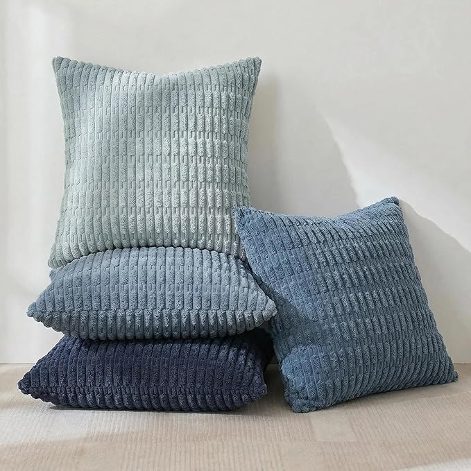 Fancy Homi Set of 4 Blue Boho Decorative Throw Pillow Covers 24x24 Inch for Couch Bed Sofa, Aesthetic Modern Bohemian Room Decor, Soft Fuzzy Fluffy Cozy Corduroy Coastal Blue Cushion Case 60x60cm