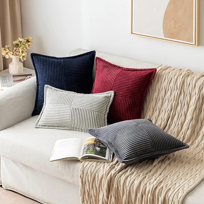 MIULEE Decorative Throw Pillow Covers for Couch Bed Livingroom 16x16 Inch Set of 2 Navy Blue Boho Accent Throw Pllows Broadside Striped Patchwork Soft Corduroy Summer Coastal Pillowcases