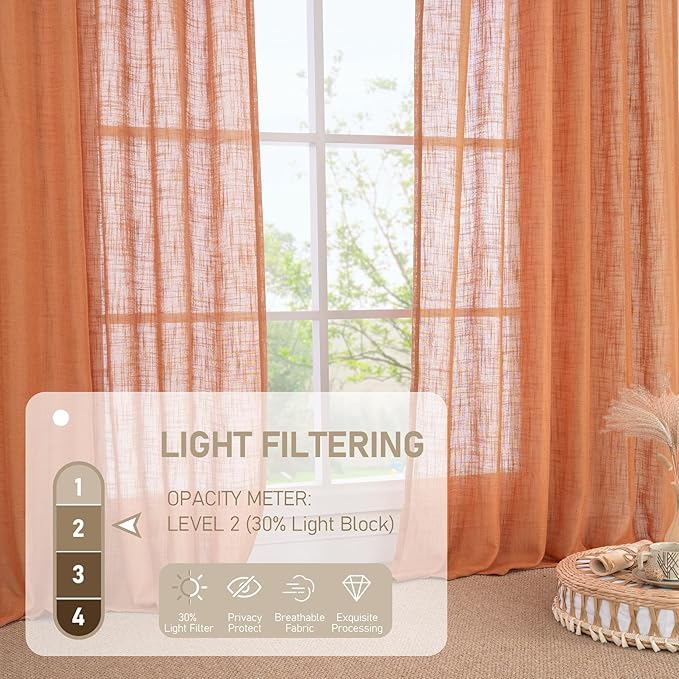 LAMIT Semi Sheer Linen Curtains 45 Inches Long, Light Filtering Panels Back Tab and Rod Pocket Country Decor Drapes for Farmhouse/Window/Bedroom, Burnt Orange, 2 Panels, 52 x 45 Inch