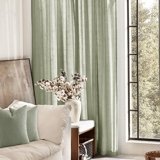 Linen Blend Sage Green Curtains 108 inch Length 2 Panels for Bedroom Back Tab Light Filtering Semi Sheer Drapes Linen Cotton Textured Light Green Airy Modern Farmhouse Living Room Sage Aesthetic Decor