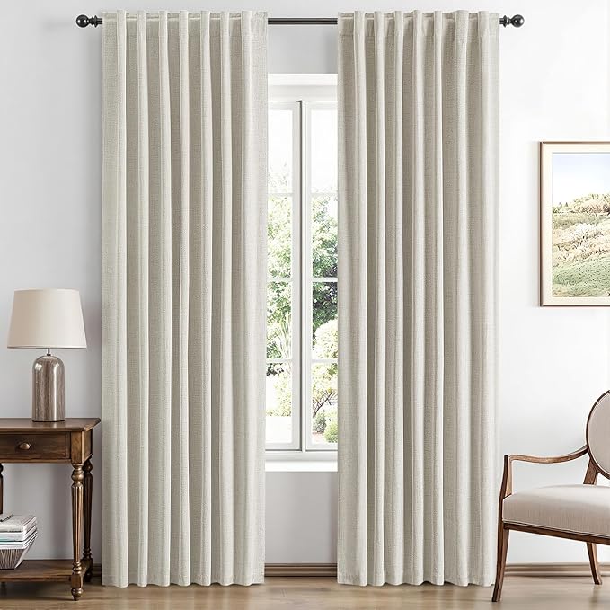 MIULEE 100% Blackout Linen Curtains for Bedroom, Light Cream Solid Luxury Decor Thermal Insulation Room Darkening Drapes for Living Room Nursery Back Tab Rod Pocket 42 x 63 Inches, 2 Panels