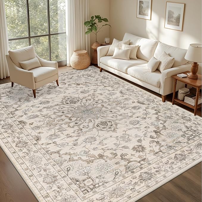 Area Rugs 10x12 Living Room Rug: Washable Rug Soft Vintage Distressed Floral Carpet Indoor Non-Slip Stain Resistant Large Carpets for Bedroom Dining Room Farmhouse Nursery Home Office Brown Beige