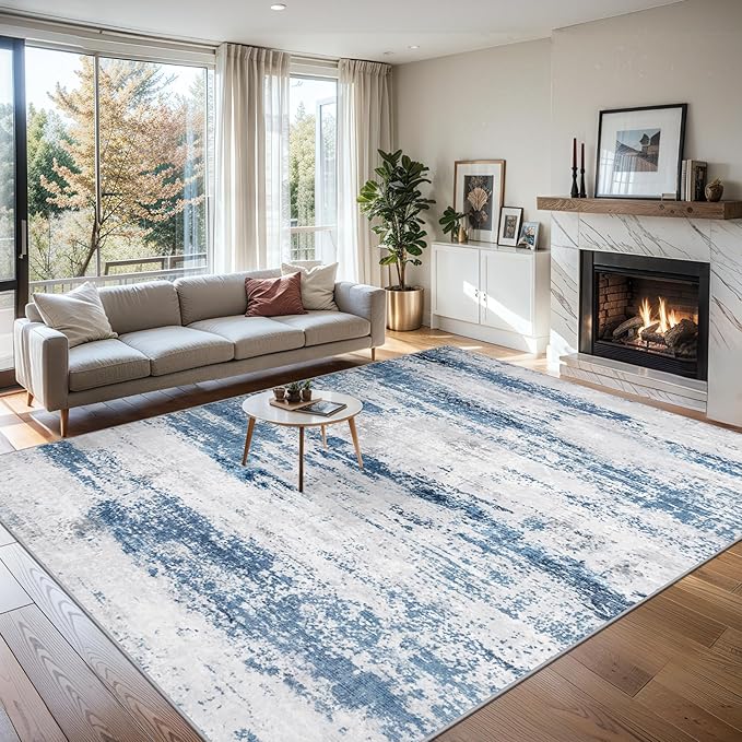 Area Rugs 9x12 Living Room - Washable Rug Modern Abstract Soft Large Neutral Non-Slip Carpet Indoor Floor Thin Carpets for Bedroom Dining Room Farmhouse Nursery Home Office White Blue Grey