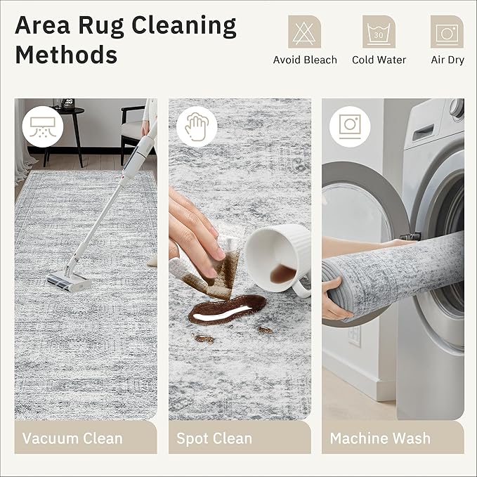 Washable Runner Rug, 2'6" x 8' Non-Slip Kitchen Vintage Foldable Hallway Runners for Entryway, Laundry, Bedroom, Grey