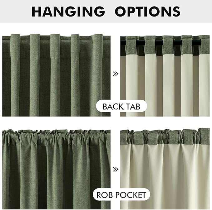 MIULEE 100% Blackout Linen Curtains for Bedroom, Olive Green Solid Luxury Decor Thermal Insulation Room Darkening Drapes for Living Room Nursery Back Tab Rod Pocket 42 x 63 Inches, 2 Panels
