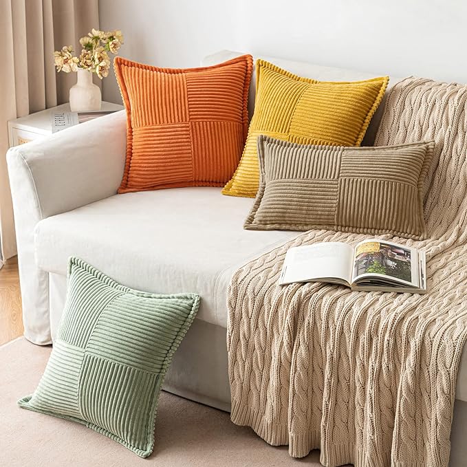 MIULEE Decorative Throw Pillow Covers for Couch Bed Livingroom 20x20 Inch Set of 2 Khaki Boho Accent Throw Pllows Broadside Striped Patchwork Soft Corduroy Pillowcases