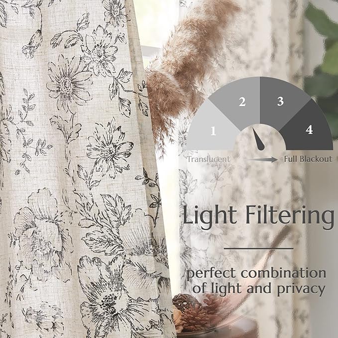 jinchan Linen Blend Curtain Floral Curtains for Living Room 63 Inch Length Black Printed Curtain Rod Pocket Back Tab Farmhouse Peony Flower Patterned Drapes Bedroom Window Curtains Set 2 Panels