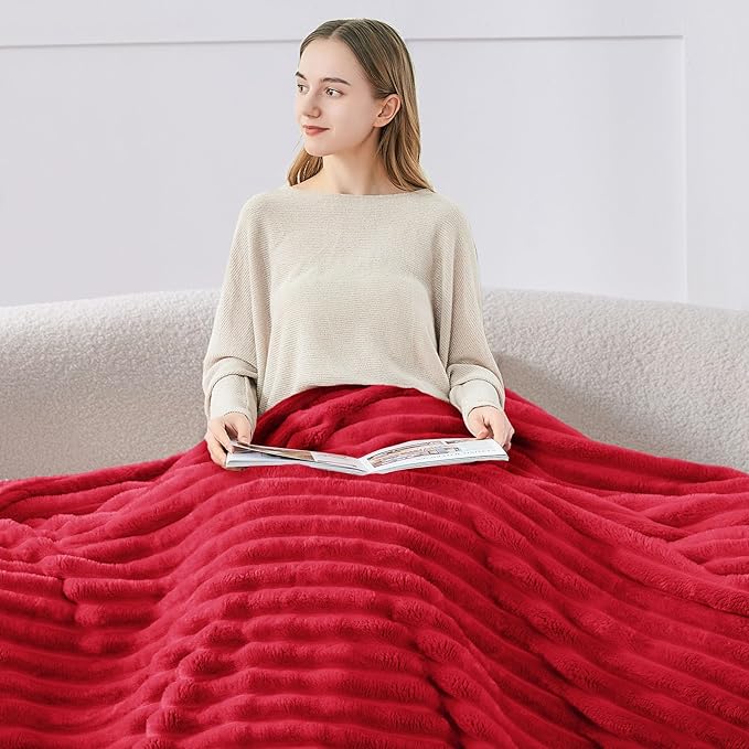 BEDELITE Twin Blanket for Couch & Bed, 300GSM Soft & Warm Fleece Blanket, Decorative and Giftable Striped Red Blankets for Women, Men, 60"x80"