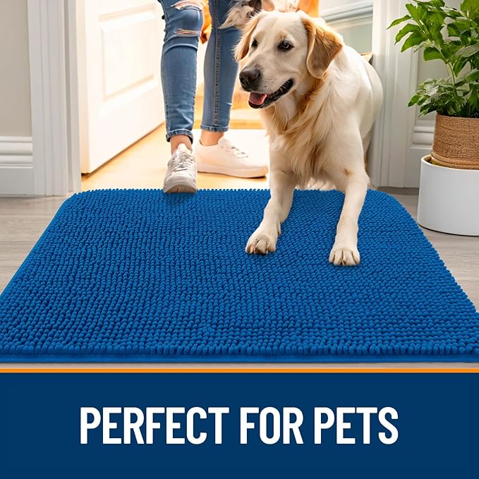 OLANLY Dog Door Mat for Muddy Paws 30x17, Absorbs Moisture and Dirt, Absorbent Non-Slip Washable Doormat, Quick Dry Chenille Mud Mat, Entry Indoor Entryway Carpet for Inside Floor, Deep Navy Blue