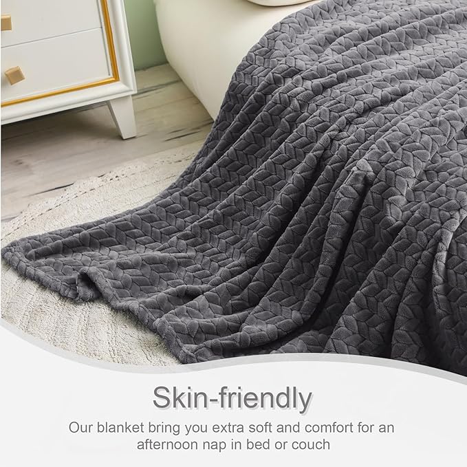 Exclusivo Mezcla Fleece Twin Size Blanket for Bed, 60x80 Inches Soft Cozy Jacquard Flannel Blankets, Lightweight Fuzzy Plush Warm for Women, Dark Grey