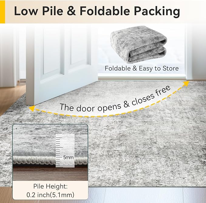 Washable Area Rugs 6'x8' Non-Slip Modern Abstract Soft for Living Room Entryway Bedroom Nursery, Print Pattern, Gray White Grey