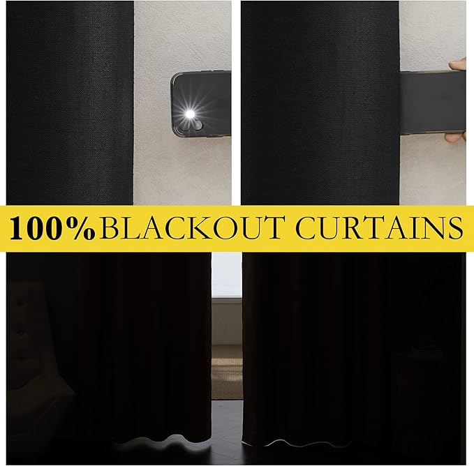 NICETOWN Vintage Open Linen Weave Flax Thermal Curtains, 100% Blackout Curtains 102 inches Long for Dining Room, Soundproof Window Treatment Drapes for Hall Room, Black, 52" Wide Per Panel, Set of 2