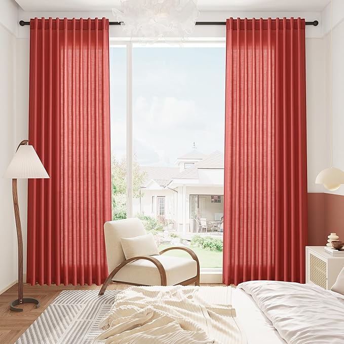 Christmas Red Linen Curtains 108 Inches Long for Living Room Light Filtering Semi Sheer Curtain Back Tab Vintage Neutral Rustic Home Decor Floor to Ceiling High Window for Bedroom 52x108,2 Panels