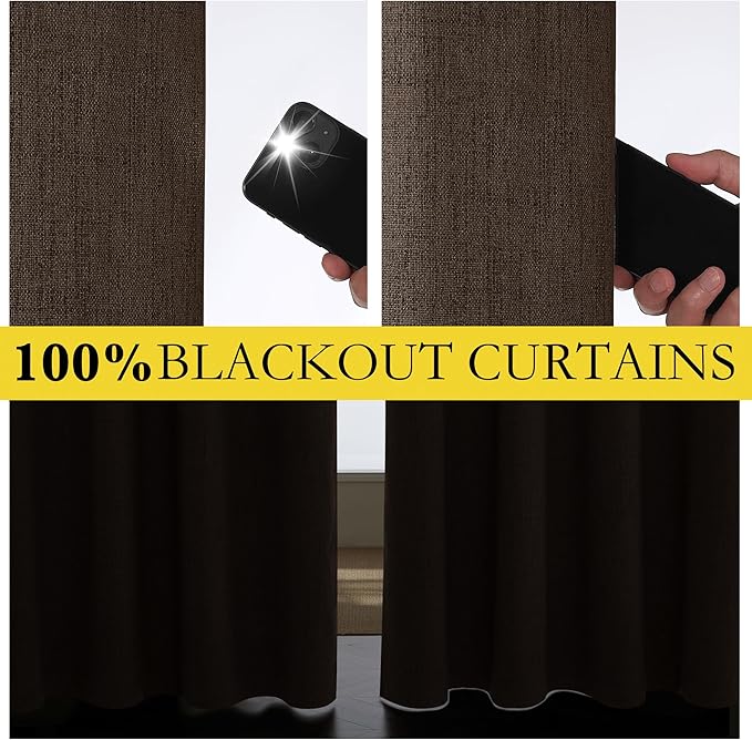 NICETOWN Coffee Vintage Linen 100% Blackout Curtains for Living Room, Thermal Insulated Curtains 102“ Long, Noise Reducing Window Treatment Drapes for Home Office, 62" Wide Per Panel, Set of 2
