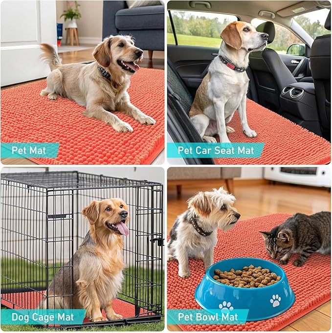 OLANLY Dog Door Mat for Muddy Paws 34x21, Absorbs Moisture and Dirt, Absorbent Non-Slip Washable Doormat, Quick Dry Chenille Mud Mat for Dogs, Entry Indoor Entryway Carpet for Inside Floor, Coral