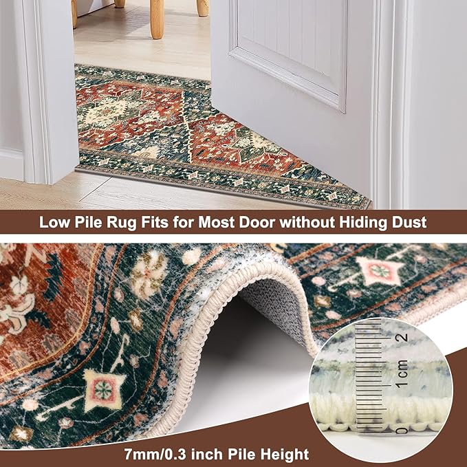 Yamaziot Washable Runner Rug, 2x8 Non-Slip Boho Vintage Hallway Rug Runner with Rubber Backing, Stain Resistant & Low Pile Faux Wool Distressed Carpet Runner for Kitchen, Laundry, Entrance, Brick Red