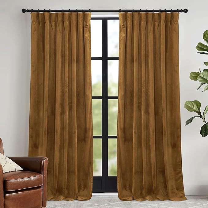 RYB HOME Gold Brown Velvet Curtains 72 inches with Hook Belt, Soft Fabric Room Darkening Thermal Insulated Luxurious Home Decor Curtains for Living Room Bedroom, W 42" x L 72", 2 Panels Set