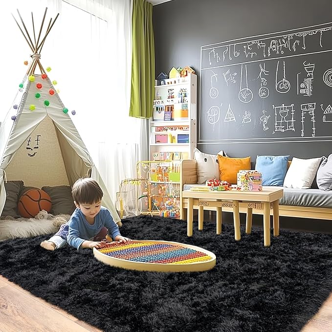 Pionblank 9x12 Area Rug, Large Area Rug for Living Room, Shag Rug for Bedroom, Soft Furry Non Slip Carpet for Kids Room Nursery Teens Dorm Home Decor, Black