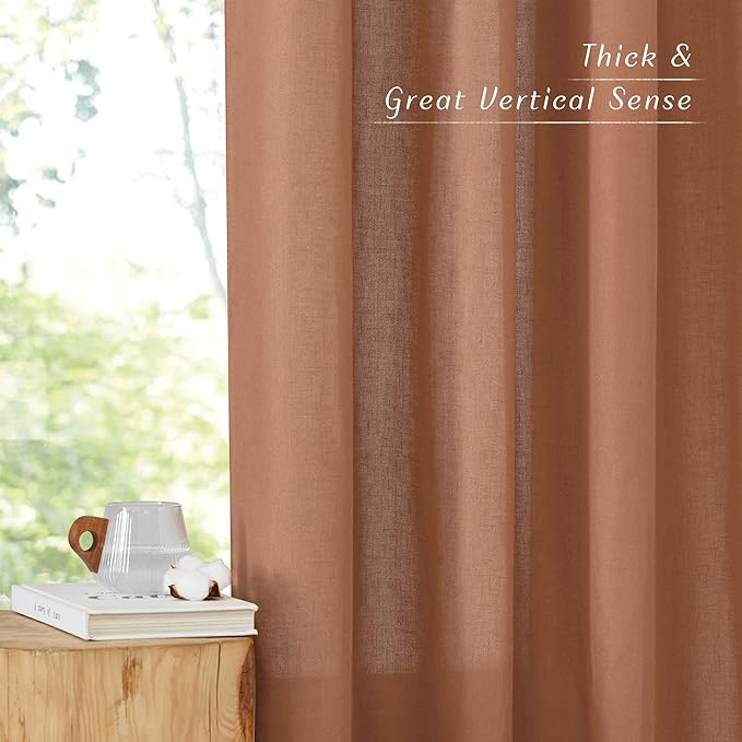 NICETOWN Caramel Short Linen Curtains for Kitchen, Thick Flax Small Window Treatments Semi Sheer Privacy Assured with Light Through for Cafe/Bathroom, W42 x L48, 2 Panels