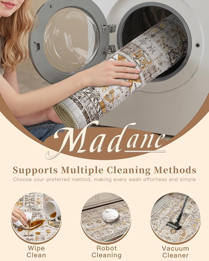 Madane Hallway Runner Rug 2'6''x14' Kitchen Runner, Non Slip Vintage Runners for Hallways Washable Kitchen Rugs Soft Low Pile 2.5x14 ft Rug Runner for Laundry Room, Entryway and Bedroom, Brown/Gold
