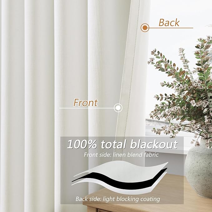 Ivory 100% Blackout Linen Curtains 144 Inch Length 2 Panels Set for Living Room Bedroom Back Tab Thermal Insulated Black Out Drapes Room Darkening Farmhouse Style for Bedroom Window Curtains 52x144
