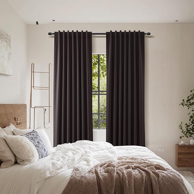 Guken Cocoa Coffee 100% Blackout Linen Curtains 96 Inch Length 2 Panels Set for Living Room Bedroom Back Tab/Rod Pocket Thermal Insulated Farmhouse Black Out Drapes Room Darkening,52x96
