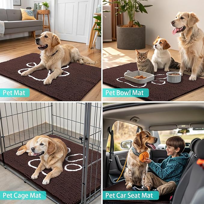 Smiry Dog Door Mat for Muddy Paws, Absorbent Dirt Trapper Non Slip Quick Dry Washable Chenille Mat for Mud Dogs, Entry Rug for Indoor and Outdoor (70x32 Inches, Brown and White)
