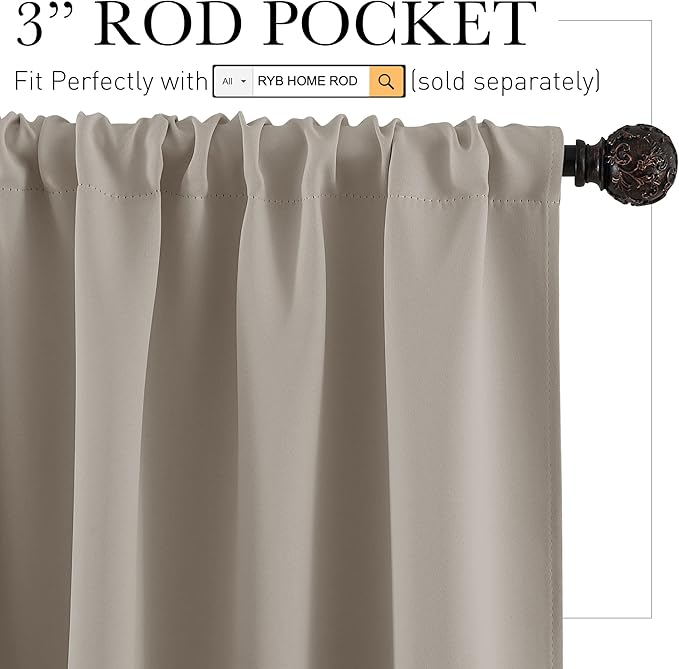 RYB HOME Blackout Curtains for Bedroom Living Room 63 inches Long, Thermal Insulated Privacy Rod Pocket Drapes for Nursery Office Home Theater, Width 42 by Length 63, Sand, 2 Panels