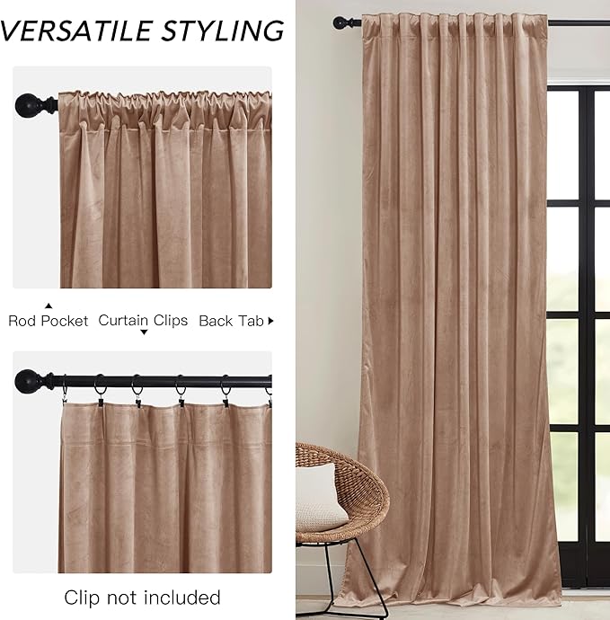 RYB HOME Back Tab Velvet Curtains with Hook Tape, Thermal Insulated Privacy Protect Decorative Drapes for Living Room Dining Room, Blush, W 52 x L 90 inches, 2 Panels Set