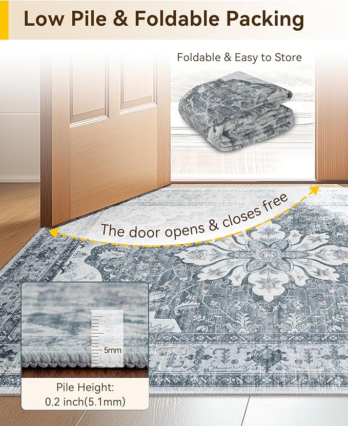 RELEANY Area Rugs 3'x5' Washable Non-Slip, Floral Vintage Distress Print Pattern Medallion Carpet for Living Room Bedroom Dining Room, Light Gray Grey White