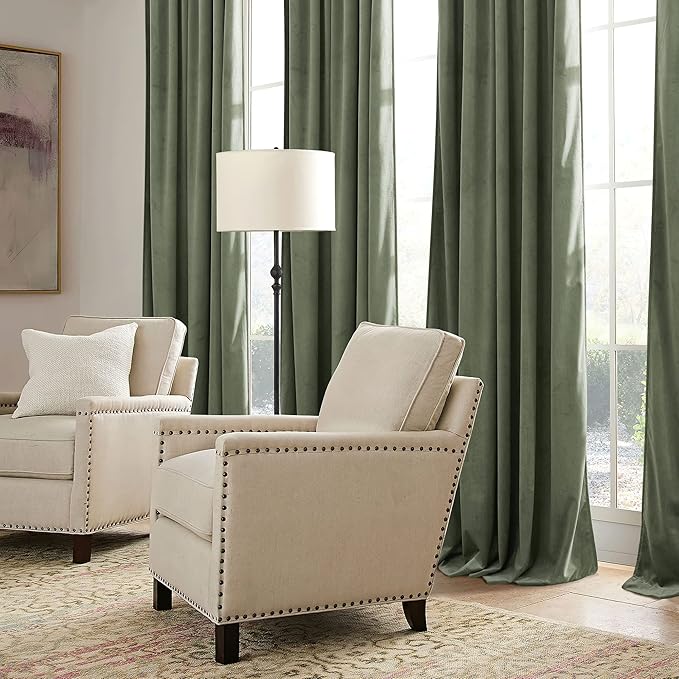 RYB HOME Sage Green Velvet Curtains 100 inches with Hook Belt, Soft Fabric Room Darkening Thermal Insulated Luxurious Home Decor Curtains for Living Room Bedroom, W 52" x L 100", 2 Panels Set