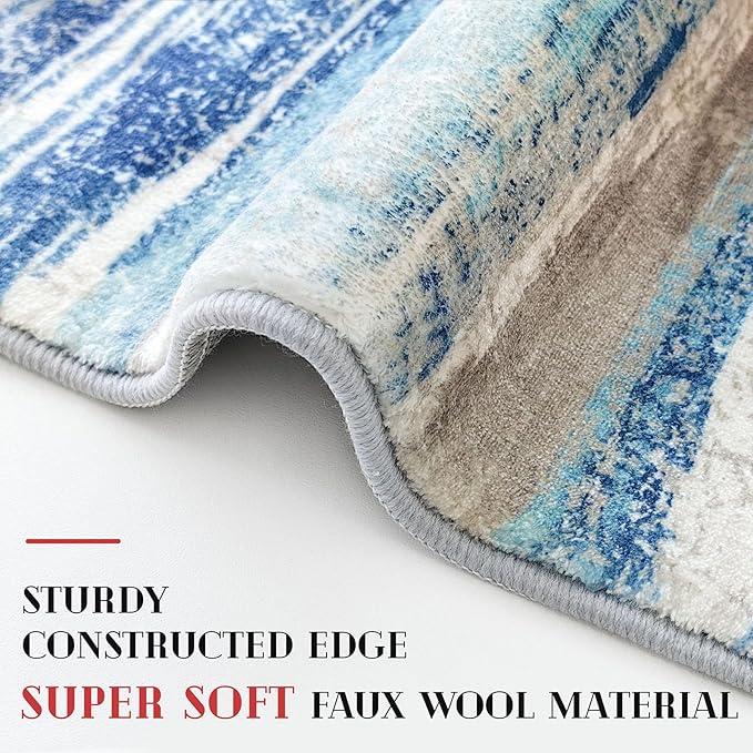 Lansny Modern Abstract Runner Rug 2x10, Blue Washable Long Kitchen Non-Slip Soft Hallway Thin Print Faux Wool Carpet for Entryway Bedroom Laundry Room Indoor Home Decor