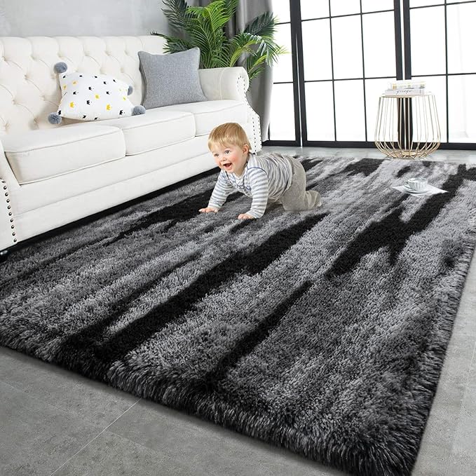 TWINNIS Super Soft Shaggy Rugs Fluffy Carpets, 4x5.9 Feet, Indoor Modern Plush Area Rugs for Living Room Bedroom Kids Room Nursery Home Decor, Upgrade Anti-Skid Rectangular Fuzzy Rug, Black Gray