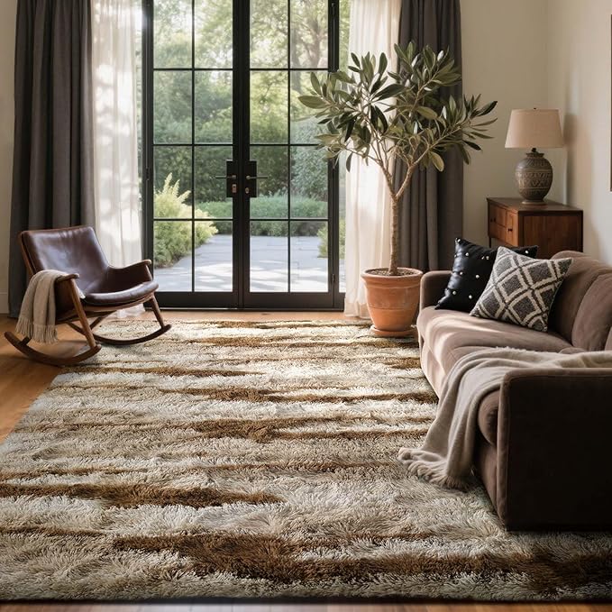 4x6 Ft Shag Area Rug for Bedroom Living Room, Tie-Dyed Ultra Soft Fluffy Furry Rugs for Indoor Floor, Aesthetic Carpet for Kids Home Decor (Khaki)