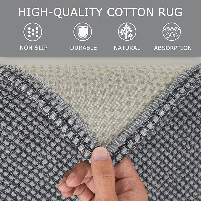 KOZYFLY Runners for Hallways 2x5 ft Washable Kitchen Runner Non Slip Rubber Backed Hall Runners Cotton Entryway Runner Rugs Floor Carpet for Indoor Backdoor Bedroom Kitchen, Grey/Dark Grey