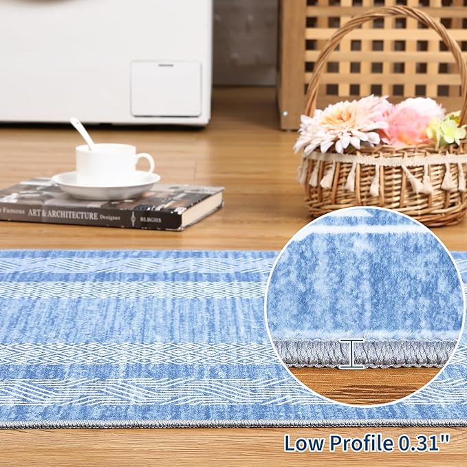 Washable 2.5x10 Kitchen Runner Rug, Easy Clean Geometri Rugs for Hallway Entryway, Indoor Outdoor Non Slip Rug Farmhouse Morden Carpet Door Mat Area Rug for Laundry Room Light Blue