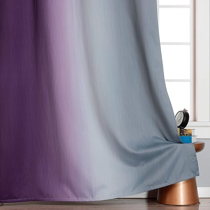 Ombre Purple and Gray Blackout Curtains 63 Inch Length 2 panels, Full Room Darkening Grommet Thermal Insulated Gradient Drapes for Girls Room, Full Light Blocking Curtains for Bedroom, 42x63 Inch