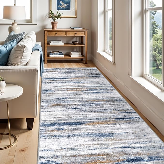 4x10 Wide Washable Runner Rug: Easy-to-Clean Runners for Hallway Entryway Kitchen Bedroom Living Room - Stain and Water Resistant Rugs with Non-Slip Backing - Soft Low-Pile Carpet Navy Grey
