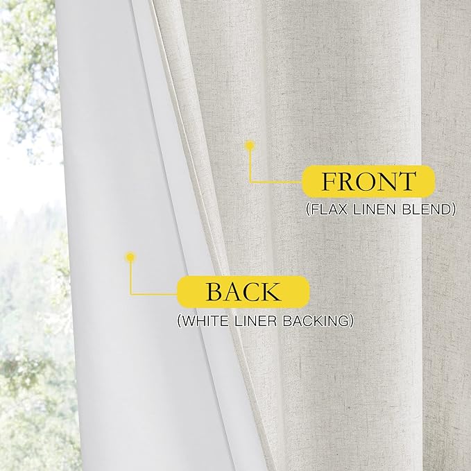 NICETOWN 100% Absolutely Blackout Linen Curtains with Thermal Insulated White Liner, Ivory, 52" Wide, 2 Pieces, Privacy Vertical Window Drapes for Office Laundry Living Room Windows 72 inch Long